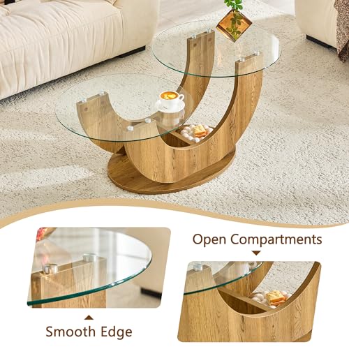 Modern Glass Coffee Table, 31.8" U-Shaped Wood Base Side Table with Tempered Glass Top, 2-Tier Round Accent Table with Natural Wood Finish for Living Room, Bedroom, Office - color: Natural Wood, size: 31.8" U-Shaped