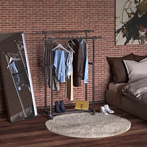 ClosetMaid Double Rail Portable Rolling Garment Rack with Shoe Shelf, Adjustable Rod Width and Height, Black/Chrome