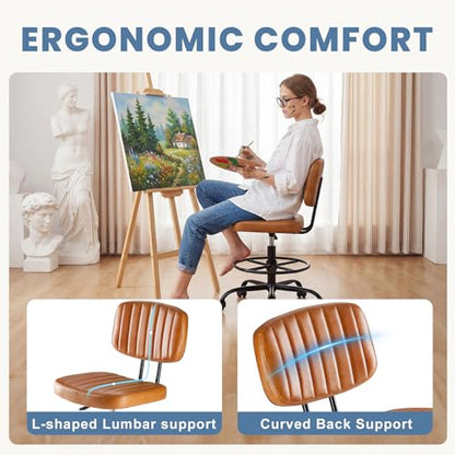 DUMOS Armless Drafting Chair, Standing Desk Chair, Rolling Stool | Ergonomic Low Back Office Seat, Height Adjustable with Footrest Ring, PU Leather, Swivel Wheels, Studio Lab Counter, Brown - color: Brown
