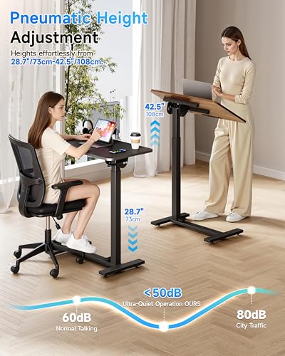 BIZUM Mobile Standing Desk Laptop Desk Pneumatic with Wheels 180° Tilt Top Hospital Bed Table Portable Rolling Cart Foldable Bedside Table for Hospital&Home Use, Black - color: Black
