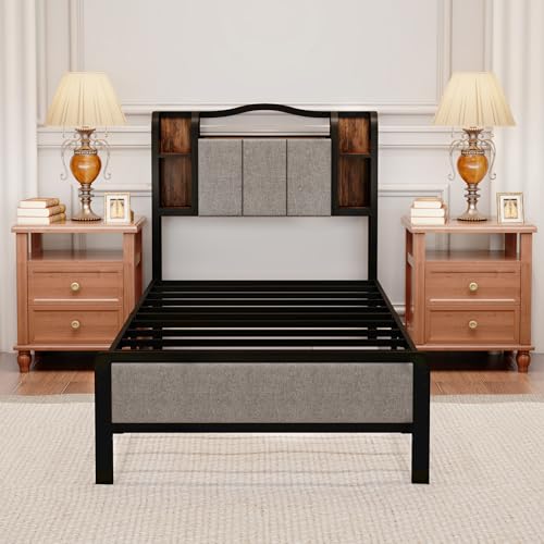 Twin XL Bed Frame with LED Lights & Charging Station | Upholstered Headboard & Footboard, No Box Spring Needed, Noise-Free Easy Assembly, Large Under Bed Storage - size: Twin XL