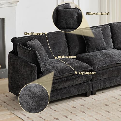 76.7” Oversized Black Loveseat Sofa, 2 Seater Large Sectional Couches for Living Room, Chenille Fabric Modular Sectional Sofa with 1 Ottoman, Deep Seat Home Sofas Set, Love Seat Couches - color: Black, size: 2 Seater + 1 Ottoman