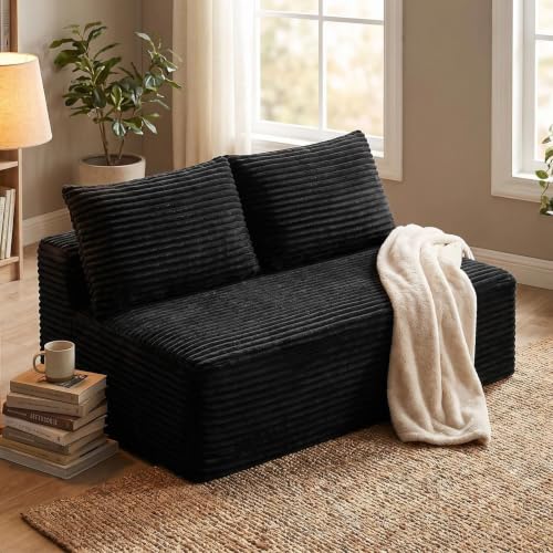 Boneless Couch for Bedroom, Small Compact Loveseat for Small Spaces | Comfy Lounge Chair Cloud Love Seat Armless with 2 Headrest for Apartment Living Room - color: Black