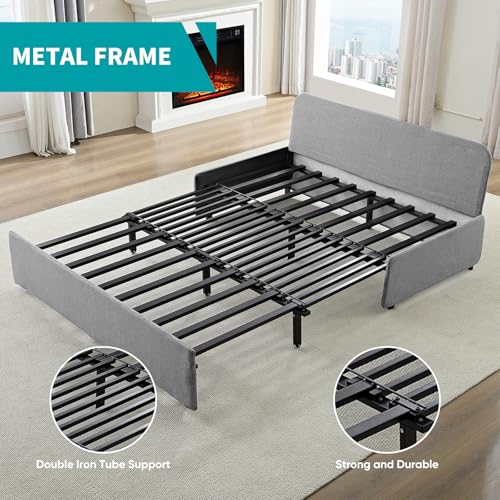 BALUS 64" W Queen Size Pull Out Sleeper Sofa Bed Pull Out Couch -Light Grey | 2 in 1 Convertible Bed, Linen Loveseat Sofa, with Pillow and Tri-fold Mattress,Loft Sofa for Small Space - color: Light Grey, size: Queen