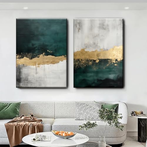 Dark Green Abstract Wall Art Black White and Gold Pictures Modern Abstract Painting Gold Grey Wall Art Emerald Green White Pictures Modern Gold Foil Artwork for Living Room Bedroom 16x24inx2 (Framed) - color: G-Framed, size: 16L" x 24W"