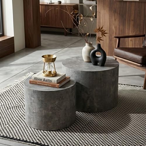 Nesting Coffee Table Set of 2, Matte Grey Round Wooden Coffee Tables Modern Circle Center Table for Small Space Living Room Bedroom Accent End Side Table, No Assembling (Stone Gray) - color: 18.9" White