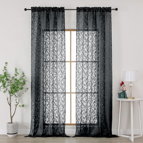 Gwine Sheer Curtains 96 Inches Long 2 Panels Set, Light Filtering Clip Jacquard Textured Curtain for Living Room Bedroom, Soft Airy Rod Pocket Farmhouse Curtains, Black, 42" Wx96 L Inch, 2PCS - color: Black, size: 42"W x 96"L (Pack of 2)