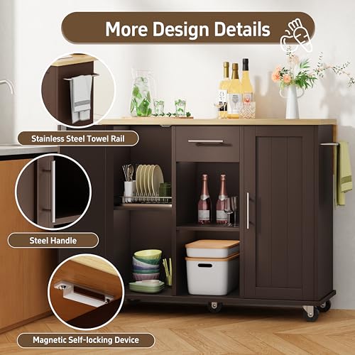 Shintenchi Kitchen Island with Storage, Bar Cart Cabinet Island Table on Wheels, Rolling Microwave Cart for Kitchen with Drop Leaf, Drawers, Towel Rack, Seating Area for Dining Room, Brown - color: Brown-42 Inch