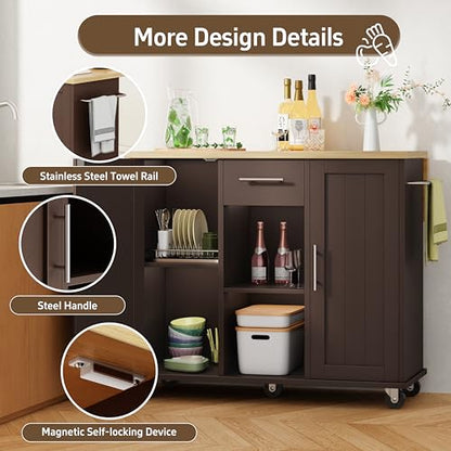 Shintenchi Kitchen Island with Storage, Bar Cart Cabinet Island Table on Wheels, Rolling Microwave Cart for Kitchen with Drop Leaf, Drawers, Towel Rack, Seating Area for Dining Room, Brown - color: Brown-42 Inch