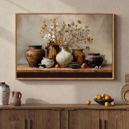 Framed Vintage Farmhouse Rustic Floral Pottery Kitchen Wall Art, 24x36 In | Still life, Wood frame, Canvas print, Horizontal neutral artwork, Wall decor for dining room living room hallway - color: Brown & White B