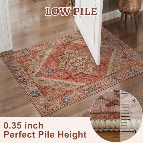 Tangsoo Vintage 2x3 Washable Rugs for Entryway, Non Slip Small Area Rug | Oriental Indoor Front Door Rug Mat,Boho Small Carpet, Soft Low Pile Throw Rugs for Entry Entrance Kitchen Terracotta Decor - color: Terracotta/Multi, size: 2' X 3' (Rectangular)
