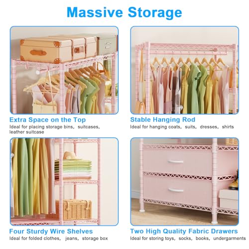 F3 Heavy Duty Clothes Rack（With Fabric Drawers）Freestanding Clothing Racks for Hanging Clothes，Adjustable Closet Organizer System，Portable Garment Rack 40" W x 15" D x 72" H，Max Load 700LBS，Pink - color: Pink, style: Freestanding