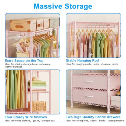 F3 Heavy Duty Clothes Rack（With Fabric Drawers）Freestanding Clothing Racks for Hanging Clothes，Adjustable Closet Organizer System，Portable Garment Rack 40" W x 15" D x 72" H，Max Load 700LBS，Pink - color: Pink, style: Freestanding
