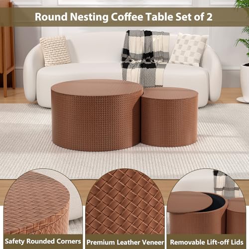 Nesting Coffee Table Set of 2, Round, Brown | Hidden Storage, Leather Wrapped, Stackable End Tables, No Assembly Required, For Small Space Living Room Apartment - color: Brown