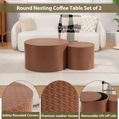 Nesting Coffee Table Set of 2, Round, Brown | Hidden Storage, Leather Wrapped, Stackable End Tables, No Assembly Required, For Small Space Living Room Apartment - color: Brown