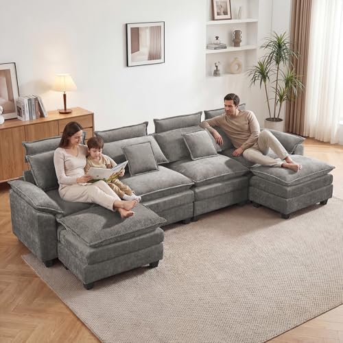 134'' U Shaped Sectional Couch, Cloud Deep Seat Sofa Couch with 2 Ottoman, Detachable Headrest, Oversized Modular 5 Seater Sofas for Living Room, Light Grey - color: Light Grey, size: U Shaped Couch