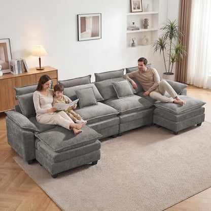 134'' U Shaped Sectional Couch, Cloud Deep Seat Sofa Couch with 2 Ottoman, Detachable Headrest, Oversized Modular 5 Seater Sofas for Living Room, Light Grey - color: Light Grey, size: U Shaped Couch