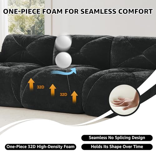 Black Loveseat Sectional Couches for Living Room, Velvet Fabric Boneless Couch, No Assembly Cloud Modular Sectional Sofa Love Seat with 2 Ottoman, Foam Couch Compressed Sofa Set, Sofas para Sala - color: Black, size: 2 Seater + 2 Ottoman
