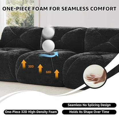 Black Loveseat Sectional Couches for Living Room, Velvet Fabric Boneless Couch, No Assembly Cloud Modular Sectional Sofa Love Seat with 1 Ottoman, Foam Couch Compressed Sofa Set, Sofas para Sala - color: Black, size: 2 Seater + 1 Ottoman