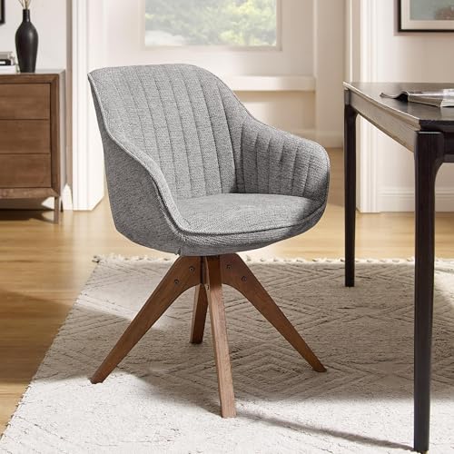 Swivel Desk Chair for Home Office, Fabric, Gray | No Wheels, Oka Wood Legs, Mid Century Modern, Upholstered, 360° Swivel, Accent Chair, Living Room, Bedroom - color: Grey, size: Fabric