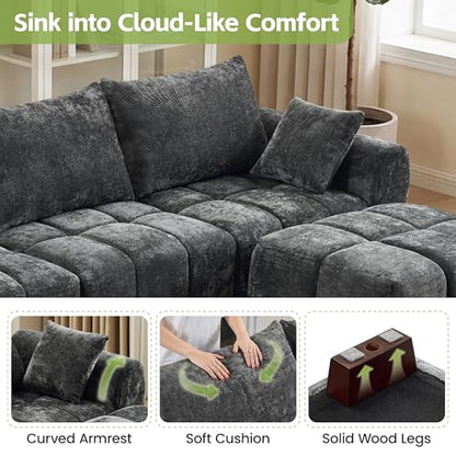 143" Oversized U Shaped Cloud Modular Sectional Sofa, Modern Chenille Upholstered 6 Seater Couch with 2 Removable Ottomans, Tufted Deep Seat & Wood Legs, Large Grey Sectional Couches for Living Room - color: Grey, size: U-Shaped Couch