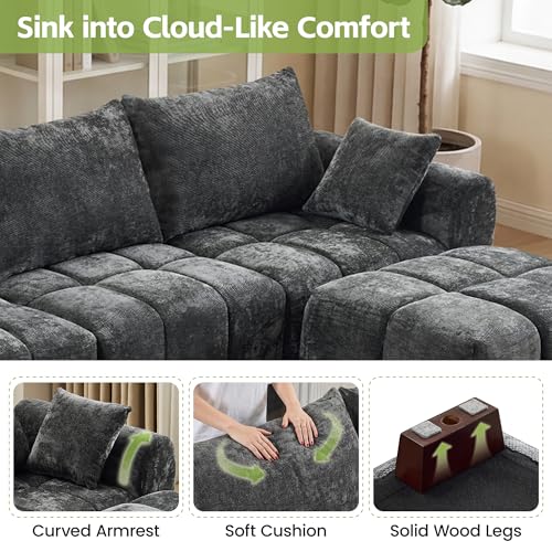 112" L Shaped Modular Sectional Sofa, Grey Chenille Cloud Couch, Modern Upholstered 4 Seater Couch with Removable Ottoman, Tufted Deep Seat & Wood Legs, Sectional Couches for Living Room Apartment - color: Grey, size: L-Shaped Couch