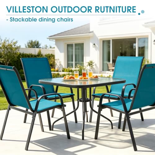 24.4" Wide Outdoor Patio Stackable Chairs Set of 4, Blue | Stacking Patio Chairs with Textilene Fabric, Outside Furniture for Garden Backyard Balconie Poolside Deck - color: 4 Blue Chairs