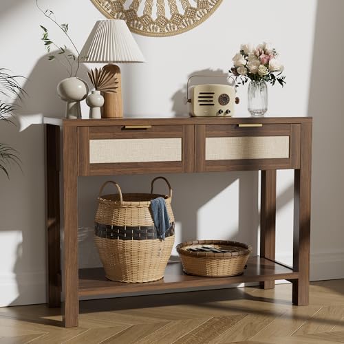 Boho Chic Console Table with 2 Rattan Drawers and Open Shelf Storage, Narrow Farmhouse Sofa Table for Small Space Entryway, Living Room,Hallway,Walnut - color: Walnut