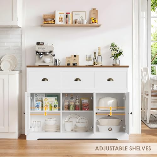 White Buffet Cabinet Storage Kitchen Sideboard Farmhouse Buffet Server Bar Wine Cabinet with 3 Drawers & 3 Doors Adjustable Shelves Console Table for Dining Living Room Cupboard - size: 15.6"D x 47.2"W x 36"H
