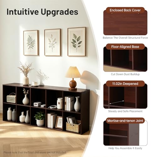 10 Cube Storage Organizer - Pine Wood Bookshelf - Cube Shelf - Vertical or Horizontal Bookcase - Open Book Shelf - Easy Assembly for Bedroom, Living Room, Office - Brown - size: 10 Cube