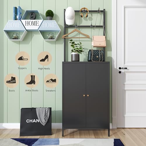 2in1 Hall Tree Shoe Cabinet for Entryway, Hallway, and Living Room,Metal Shoe Coat Rack Cabinet with 3 Adjustable Shelf,Shoe Storage Organizer with Hanging Bar & Hooks (Cabinet With Coat Rack, black) - color: Black, style: Cabinet With Coat Rack