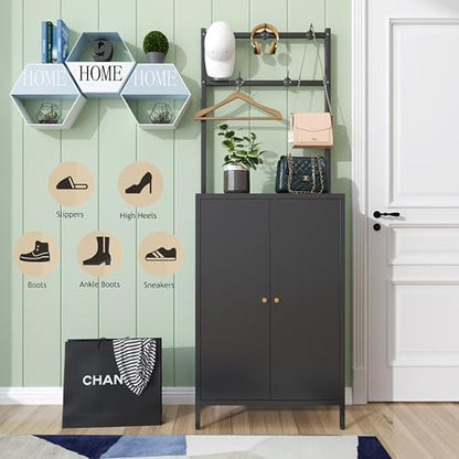 2in1 Hall Tree Shoe Cabinet for Entryway, Hallway, and Living Room,Metal Shoe Coat Rack Cabinet with 3 Adjustable Shelf,Shoe Storage Organizer with Hanging Bar & Hooks (Cabinet With Coat Rack, black) - color: Black, style: Cabinet With Coat Rack