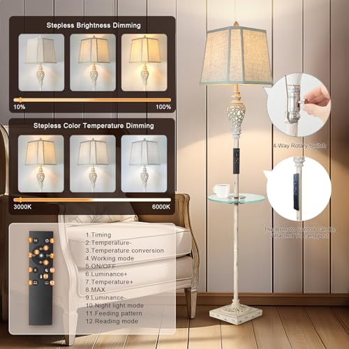 LuxSight Collection Rustic Floor Lamp, Living Room Lamps with Glass Tray, stepless diming Floor Lamp with Remote Control and USB A&C Charging Ports for Living Room Bedroom Office Smart Bulbs Included | Glass Tray, USB A+C Charging Ports, LED Smart Bulbs I