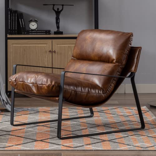 LukeAlon Modern PU Leather Accent Armchair, Black | Pu Leather Upholstered Living Room Chair With Metal Base & Thickened Cushion, Comfy Single Lounge Sofa for Bedroom, Office - color: Brown