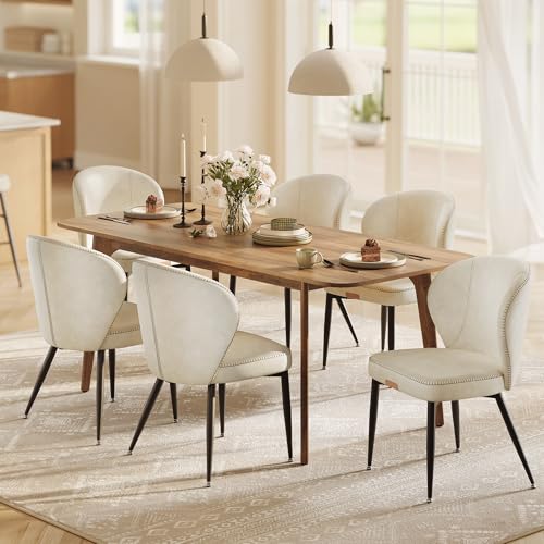 VASAGLE Dining Chairs Set of 6, Upholstered Kitchen Chairs | Synthetic Leather with Stitching, Mid-Century Modern, Easy Assembly, Living Room Lounge, Cream White - color: Cream White, size: Set of 6, style: Without Storage