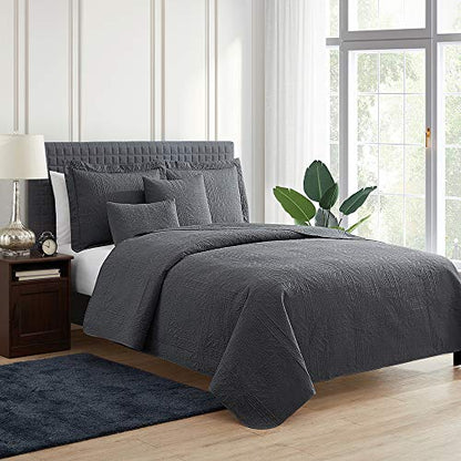 Clara Clark Quilts Twin Size - All Season Bedspread Coverlet Set, Pinsonic Weave Lightweight Bedding Set - 5 Piece Twin Quilt Set with Pillow Shams, Grid - Gray - color: 15 - Grid - Gray, size: Twin