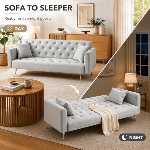 Anwick 72''Modern Velvet Sofa Bed Futon,Convertible Folding Sleeper Couches with 3 Adjustable Backrests,Tufted Recliner Loveseat with Golden Chrome Legs for Living Room Apartment Office (Grey) - color: Grey
