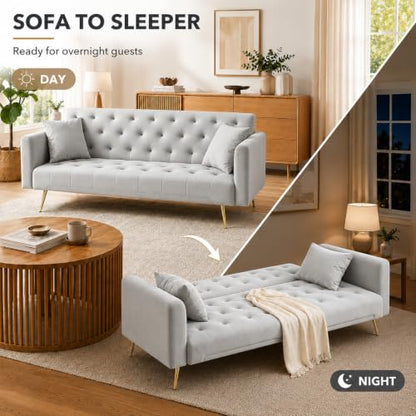 Anwick 72''Modern Velvet Sofa Bed Futon,Convertible Folding Sleeper Couches with 3 Adjustable Backrests,Tufted Recliner Loveseat with Golden Chrome Legs for Living Room Apartment Office (Grey) - color: Grey