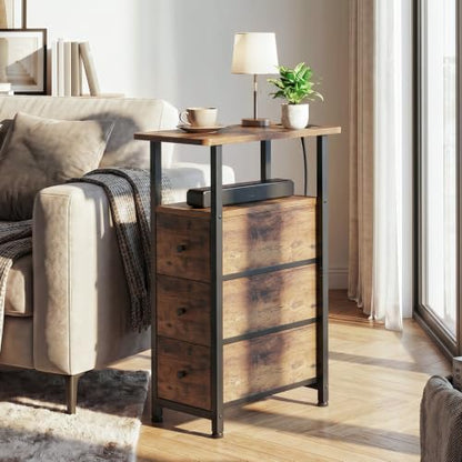 Narrow End Table with Charging Station, Small Nightstand | Skinny Side Tables Living Room with 3 Fabric Drawers, Slim Bedside Table for Bedroom, Small Spaces, Couch, Brown - color: Rustic Brown, size: 27.55''H (3 Drawers), style: Power