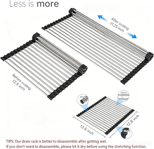 Expandable Roll Up Dish Drying Rack Over The Sink Rack, Foldable Dish Drainer Rack Stainless Steel for Large Sink, Silicone Rollable Collapsible Rack 18 Tube for Kitchen(Sliver,12'' to 21.14”) - color: Black+silver Expandable