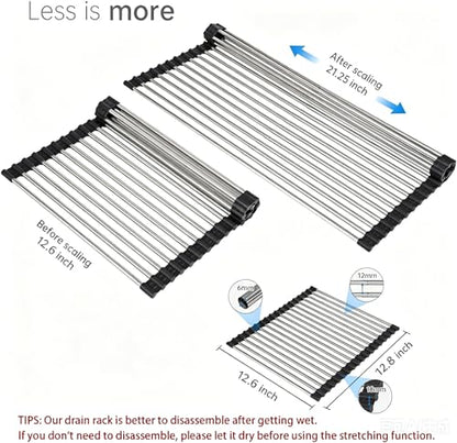 Expandable Roll Up Dish Drying Rack Over The Sink Rack, Foldable Dish Drainer Rack Stainless Steel for Large Sink, Silicone Rollable Collapsible Rack 18 Tube for Kitchen(Sliver,12'' to 21.14”) - color: Black+silver Expandable