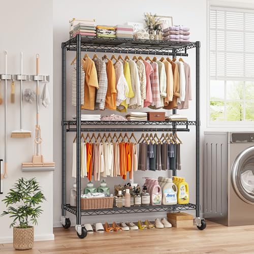 Raybee Clothes Rack, 45" W Clothing Racks for Hanging Clothes, Garment Rack with Wheels and Adjustable Feets, Max Load 440LBS, Black - color: Black
