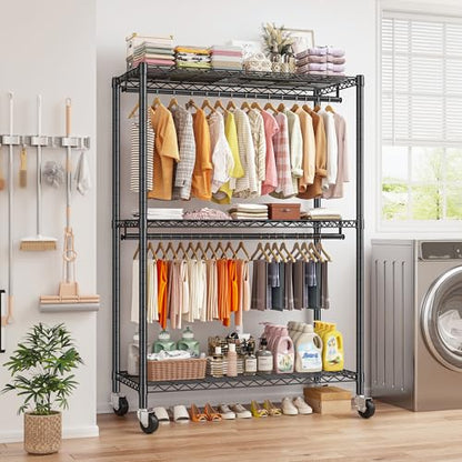 Raybee Clothes Rack, 45" W Clothing Racks for Hanging Clothes, Garment Rack with Wheels and Adjustable Feets, Max Load 440LBS, Black - color: Black