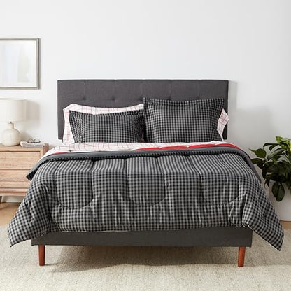 Amazon Basics Full/Queen Comforter Set with Plaid, Striped Sheets, 7-Piece Red Simple Stripe Bedding, Lightweight Microfiber Bed-in-a-Bag - color: Red Simple Stripe, size: Full/Queen, style: 1-Pack