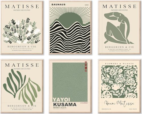 KBKBART Sage Green Matisse Wall Art Prints - Minimalist Flower Market Floral Yayoi Kusama Prints, Wall Art for Aesthetic Room - color: Green Matisse Wall Art, size: 8x10 inch