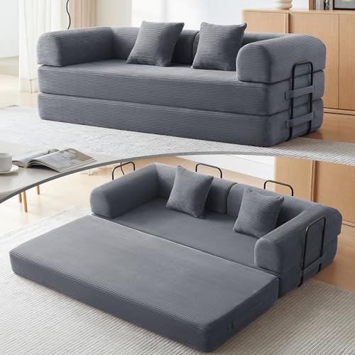 79" Convertible Sofa Bed, Boneless Couch for Living Room (Dark Gray) | Corduroy Boneless Loveseat Sleeper Sofa, Modular Futon Couch Bed with 2 pillow, Pull Out Couch No Assembly - color: Dark Gray, size: 79"Convertible Sofa Bed