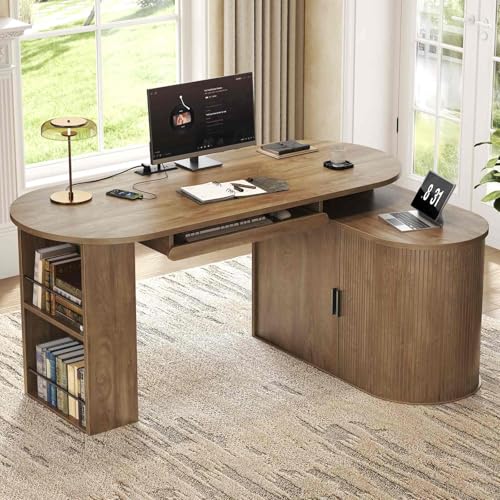HSH Reversible L Shaped Desk with Storage, Computer Desk with Keyboard Tray | 60" Modern Annual Ring Wood Executive Office Desk, Adjustable Corner Design for Gaming Spaces and Home Workstations - color: Annual Ring Wood
