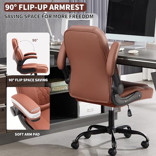 Leather Office Chair Swivel Lumbar Support for Short People Brown | Executive Office Chair PU,Leather Office Chair with Wheels,360° Swivel Rolling Chair with Padded Arm,Ergonomic Computer Chair - color: Brown