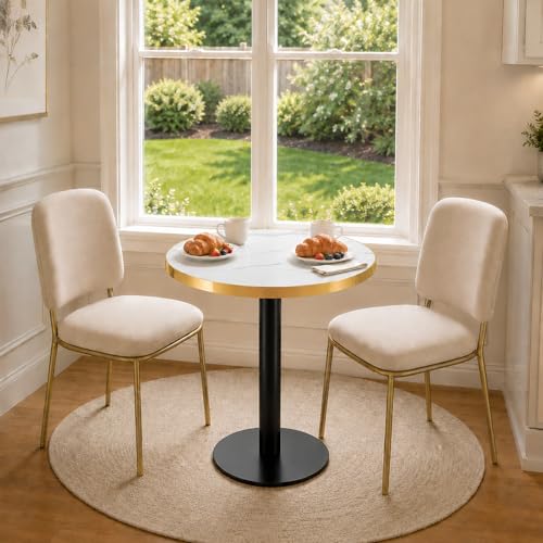 TesNus 23.6" Small Round Dining Table for 2, Circle Tulip Table, Faux Marble Top with Black Metal Pedestal Base, Modern Leisure Coffee Table for Small Spaces, Cafe, Office, White&Black - color: White Top&black Base