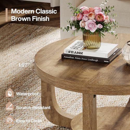 Tribesigns Round Coffee Table, 2-Tier Circle Coffee Table with Storage, Modern Wooden Accent Center Table for Living Room, Thick Tabletop & Base (Rustic Oak) - color: Rustic Oak